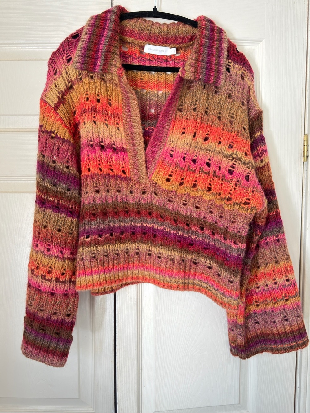 JONATHAN SIMKHAI Multicolor Open-Knit V-Neck Sweater with Collar